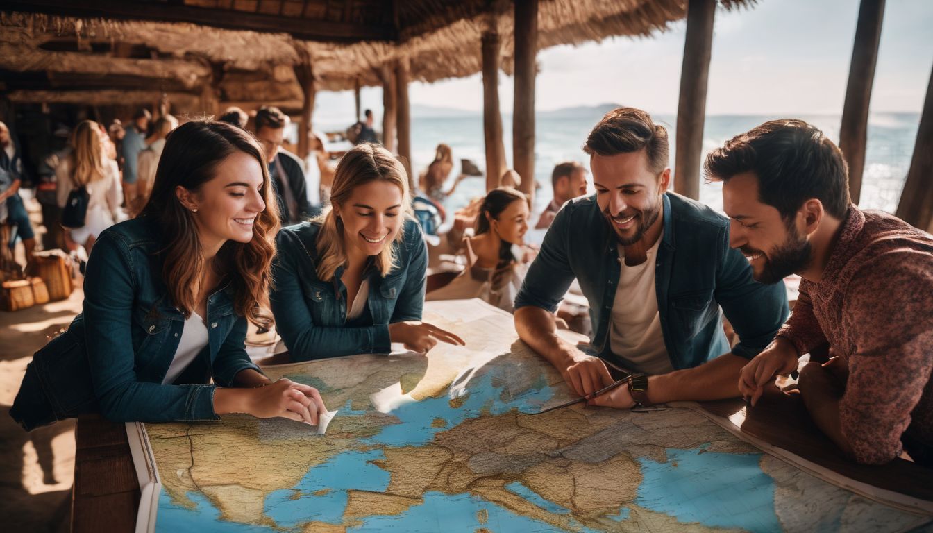 A diverse group of travelers discusses tour package options while looking at a world map.