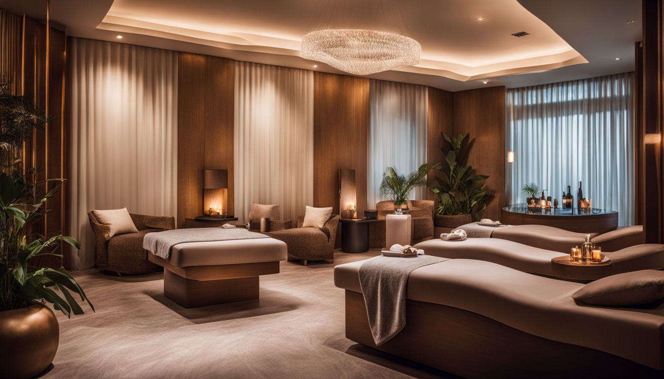 A photo of a luxurious spa room with people of various appearances, all enjoying the relaxing atmosphere.