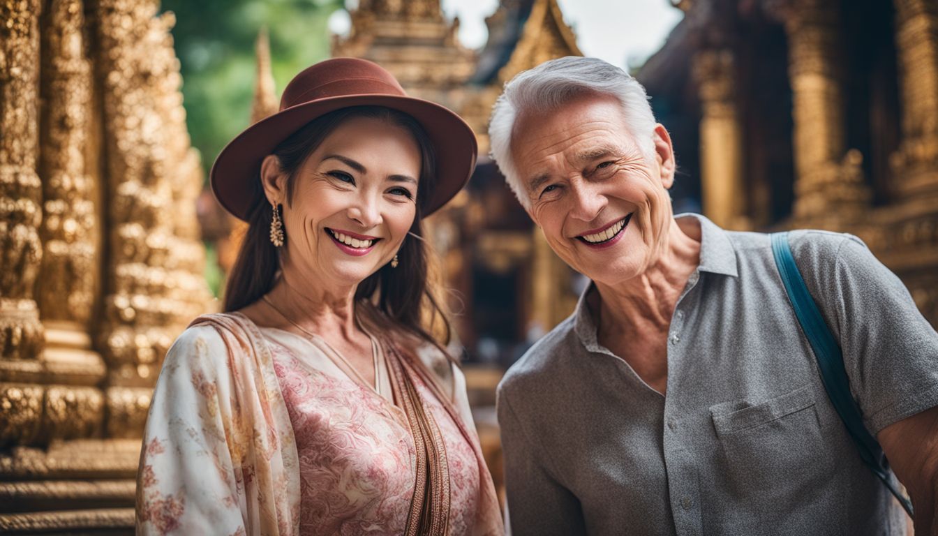 A senior couple happily explore the temples of Thailand in this vibrant travel photograph.