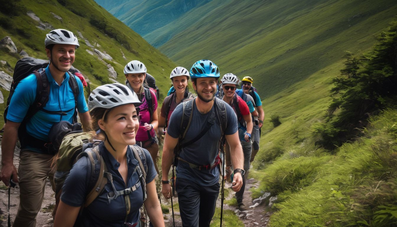 A diverse group of tourists wearing safety helmets explore a rugged mountain trail in a bustling atmosphere.