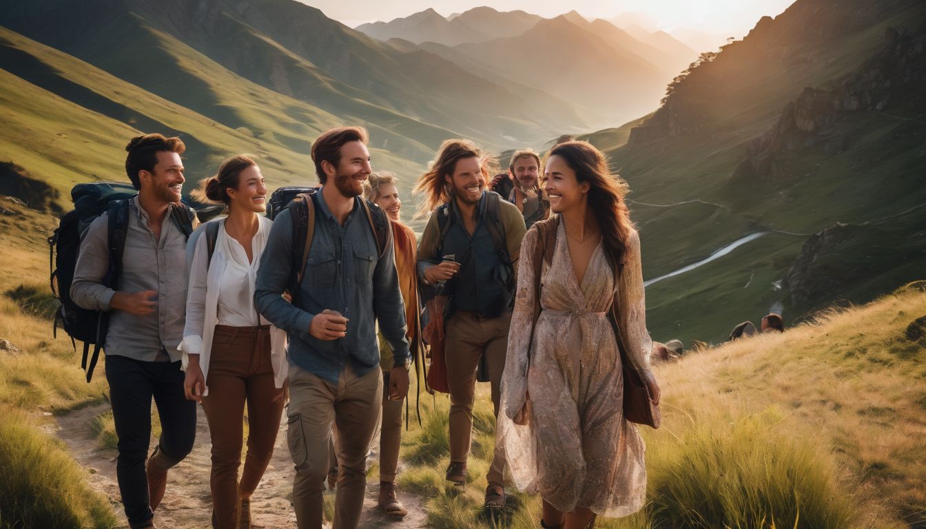 A diverse group of travelers explores stunning landscapes together while being photographed with high-quality equipment.