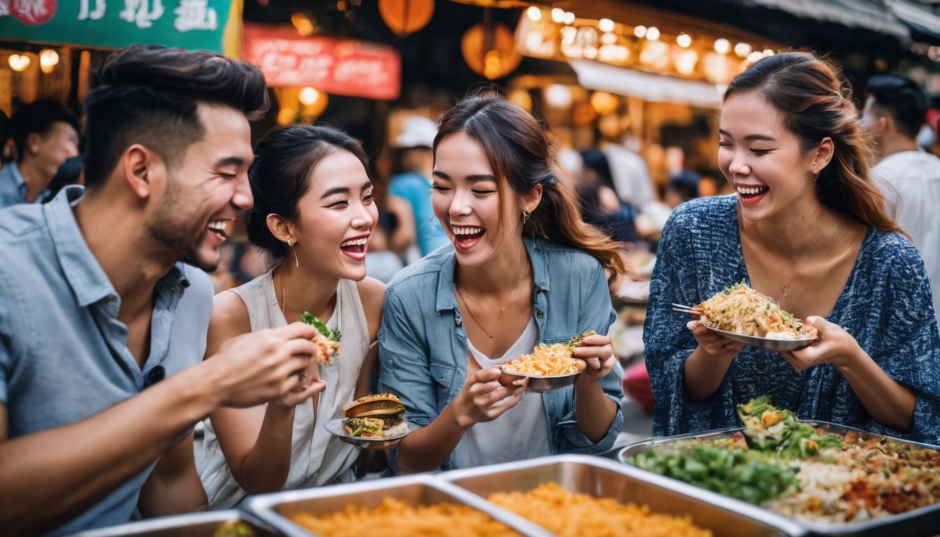A group of diverse friends enjoying street food and laughter in the bustling streets of Bangkok.