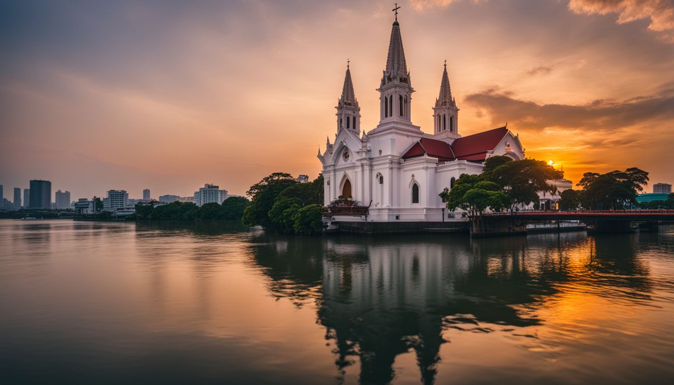 A photo of the Santa Cruz Church at sunset, with the Chao Phraya River in the background, showcasing a bustling atmosphere and various people and outfits.