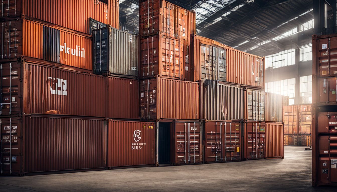 A busy warehouse filled with stacked shipping containers, crates, and shelves.