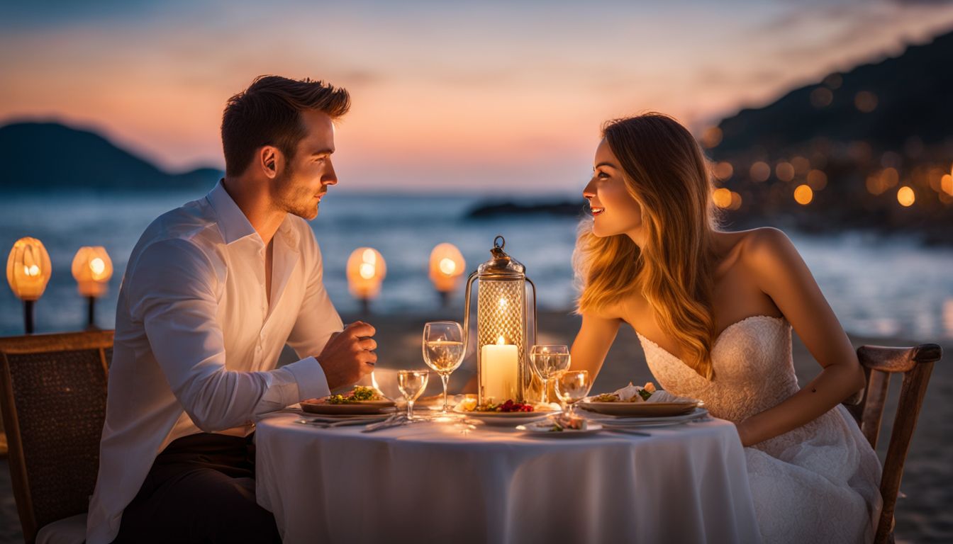 The image shows a couple enjoying a romantic seaside dinner at Seaside Boutique Resort Quy Nhon.