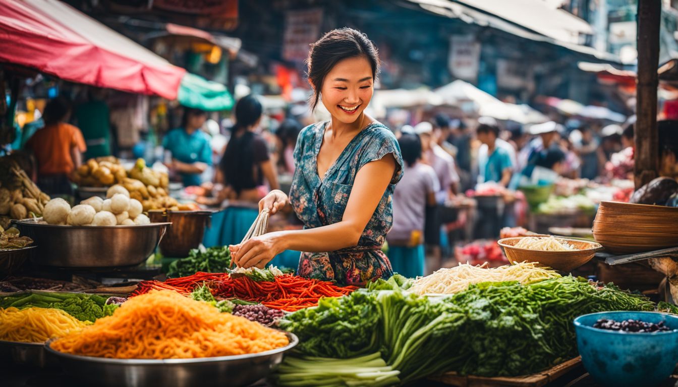 A photo capturing the vibrant atmosphere of a Vietnamese street food market with various vendors and colorful stalls.