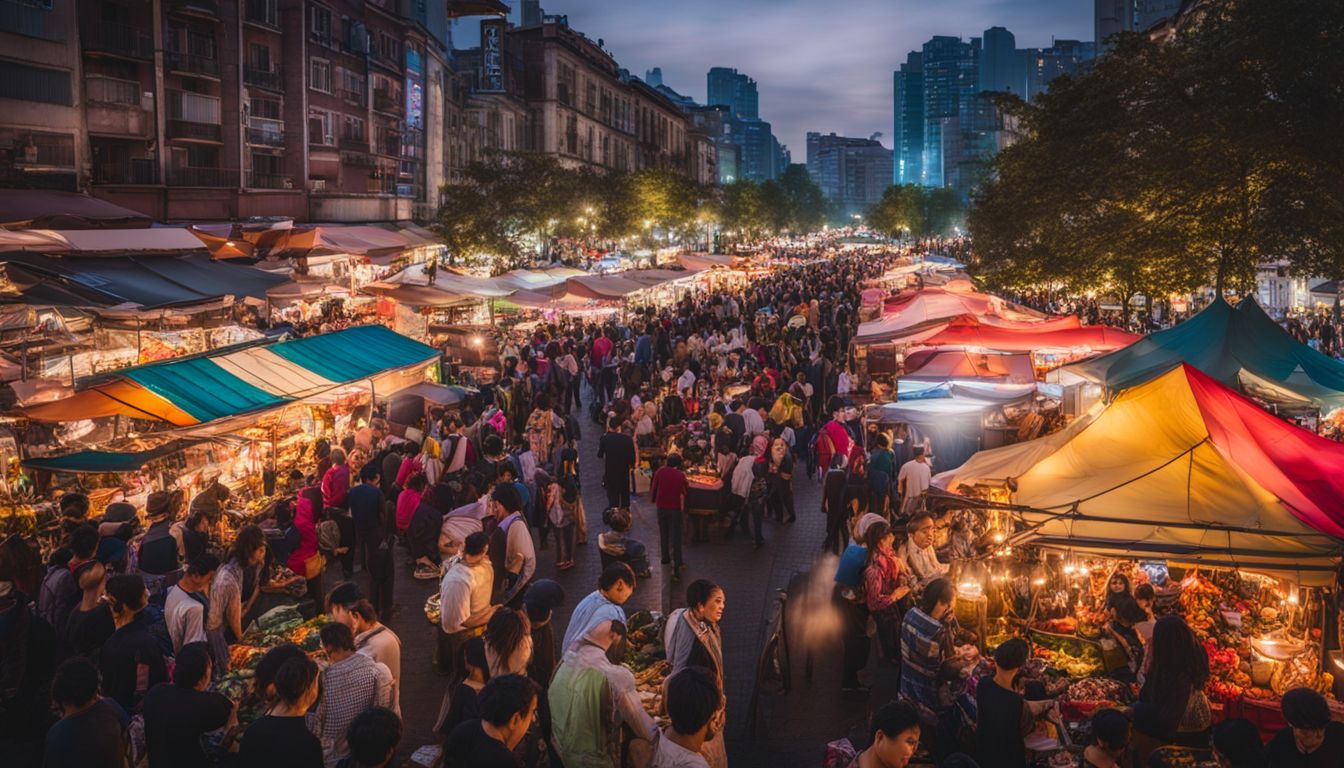 A lively night market with vibrant stalls and a diverse crowd of people.