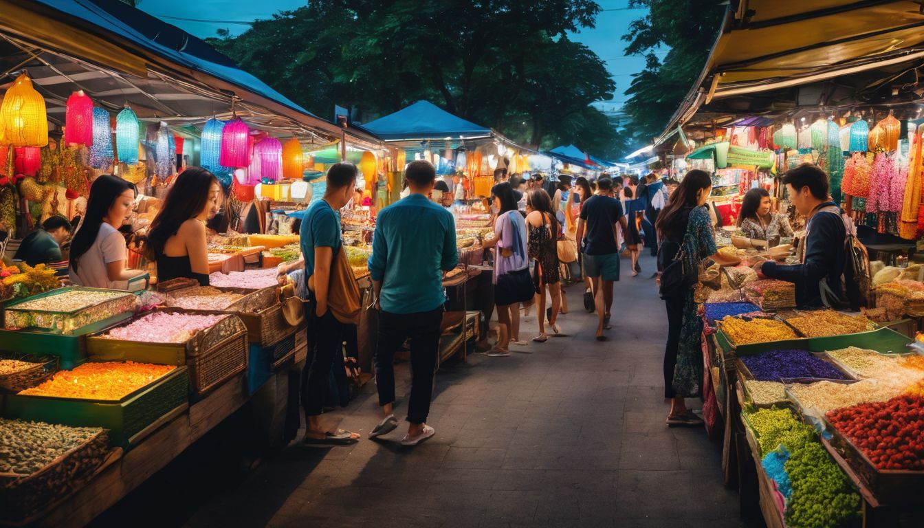 A vibrant and bustling weekend market with diverse people browsing through colorful stalls.