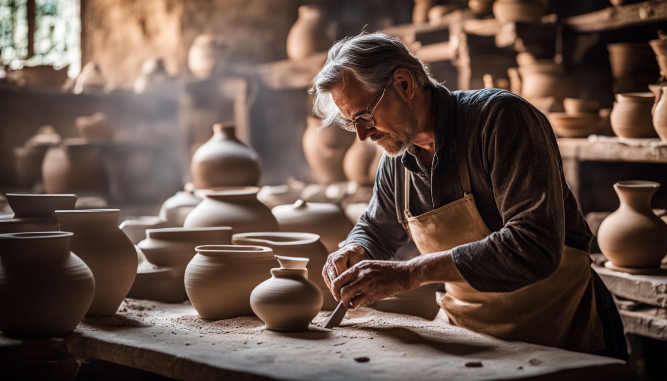 A skilled artisan shapes ceramic pottery in a workshop surrounded by ancient ruins.