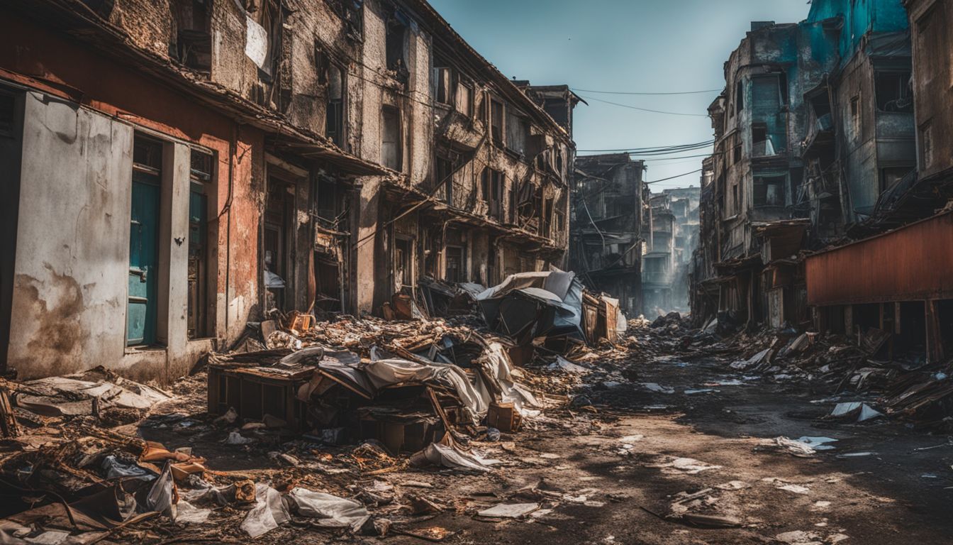 A photograph depicting a rundown urban neighborhood with dilapidated buildings and overflowing garbage.