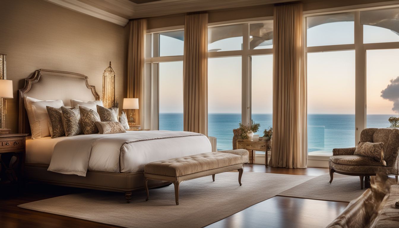 An elegantly decorated bedroom with a comfortable king-size bed and a view of the ocean.