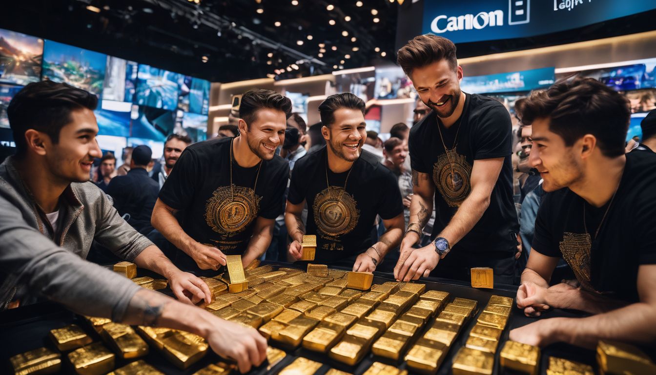 A diverse group of players celebrate and find gold bars in a lively gaming event.