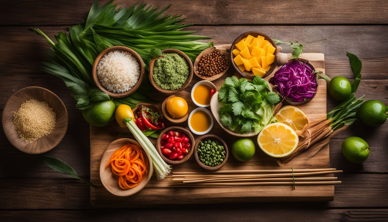 A vibrant display of fresh Thai ingredients beautifully arranged on a wooden cutting board.