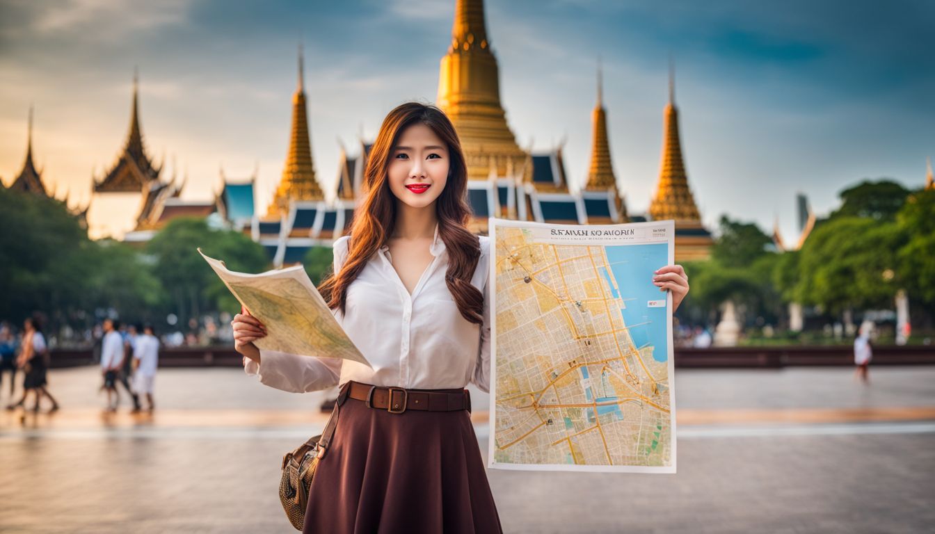 A tourist holding a map of Bangkok stands in front of iconic landmarks, capturing the bustling atmosphere of the city through travel photography.