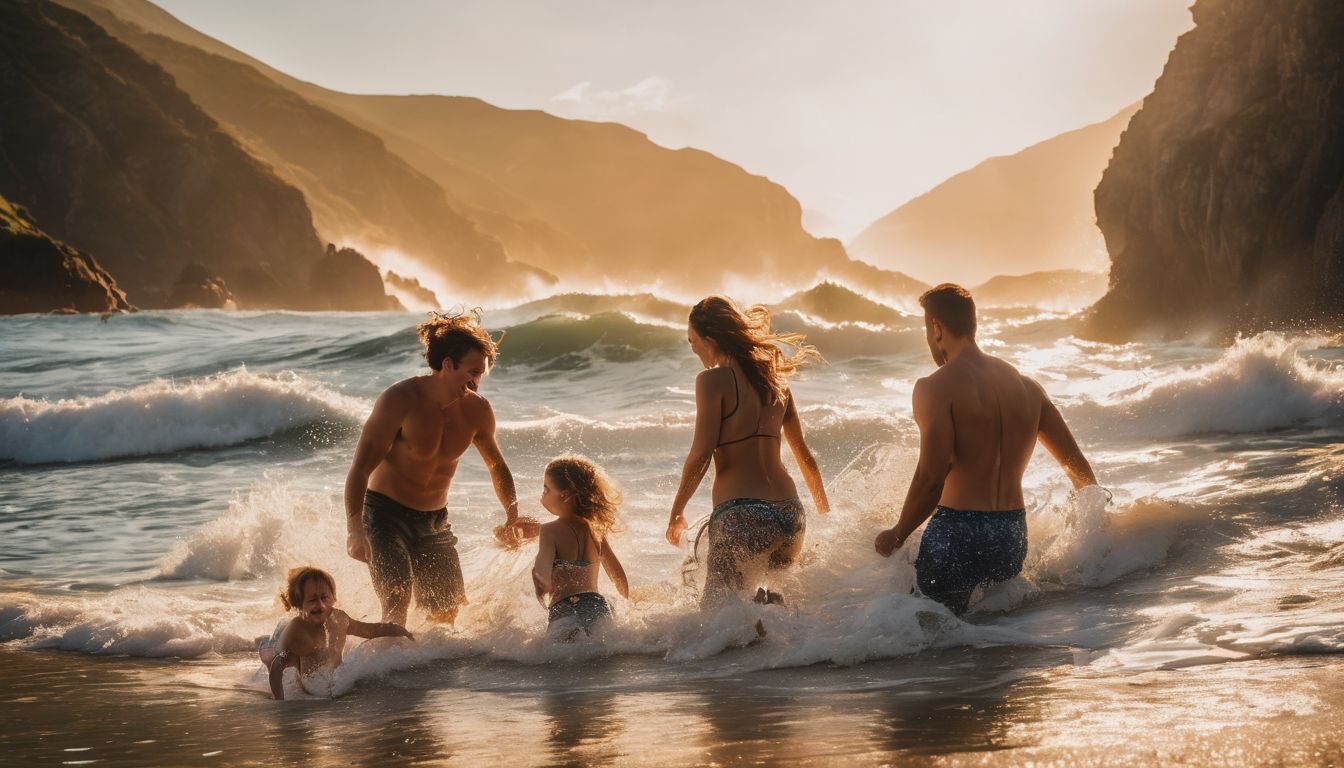 A family enjoys a day at the beach playing in the waves and having fun together.