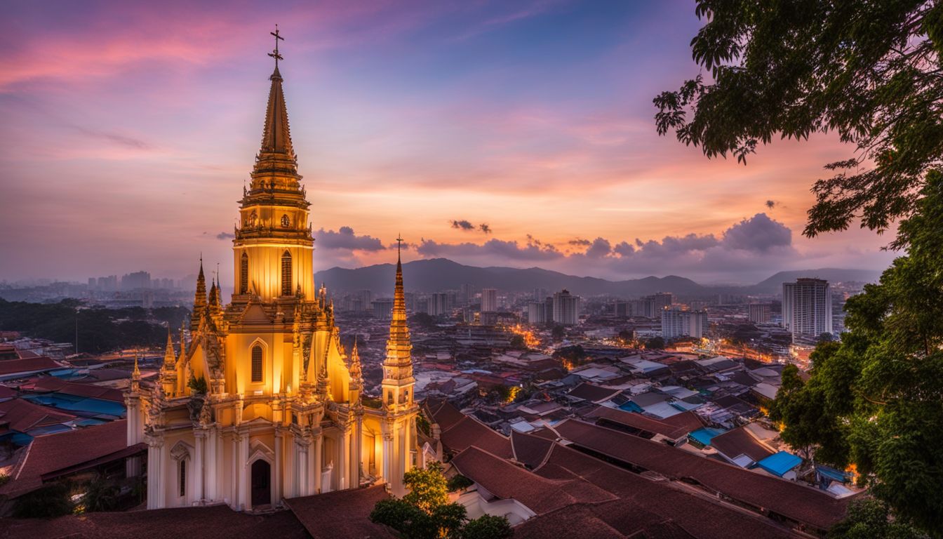 A vibrant sunset illuminates the Sueb Samphanthawong Church tower amidst a bustling cityscape.