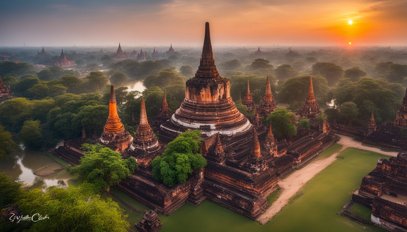 A peaceful sunrise over the ancient temples of Ayutthaya, captured in stunning detail and vibrant colors.