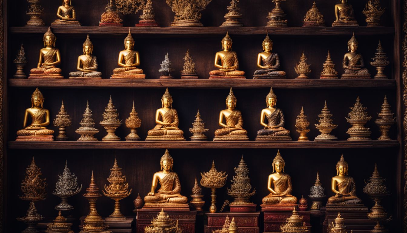 A shelf filled with Thai amulets and Buddhist charms, showcasing different faces, hair styles, and outfits.