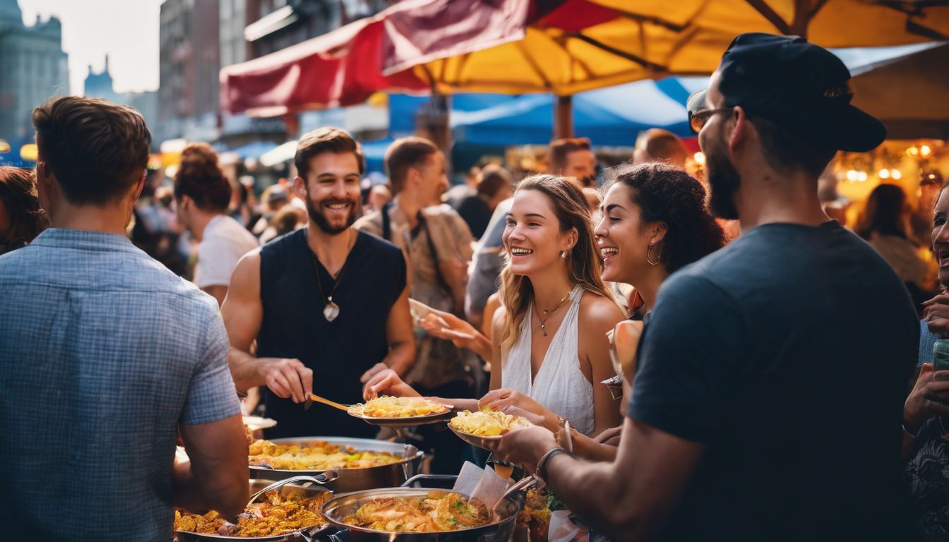 A diverse group of people enjoying food and live music at a local street fair.