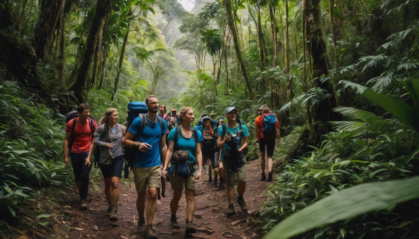 A diverse group of hikers explore the lush Thai rainforest in a bustling atmosphere.