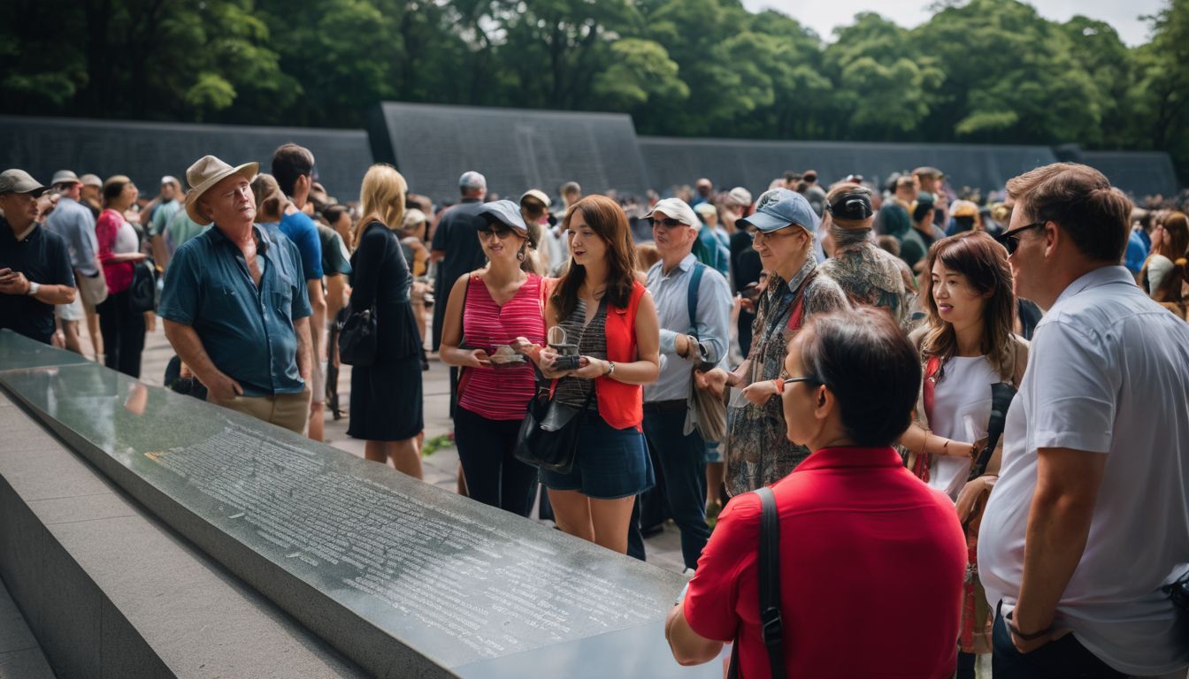 A group of tourists explore a Vietnam War memorial site surrounded by historical artifacts.