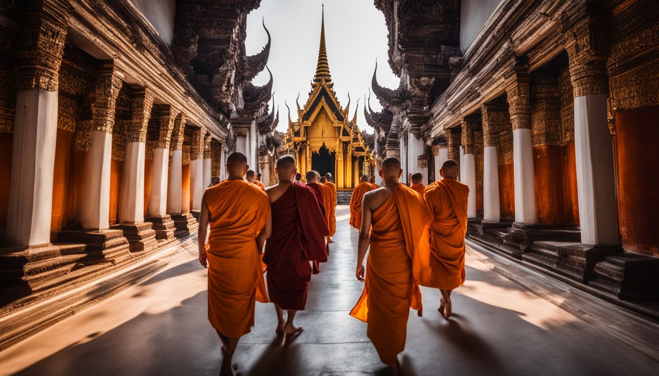 Monks walk through a beautifully lit corridor in Wat Phra Si Rattana Mahathat, creating a bustling atmosphere.
