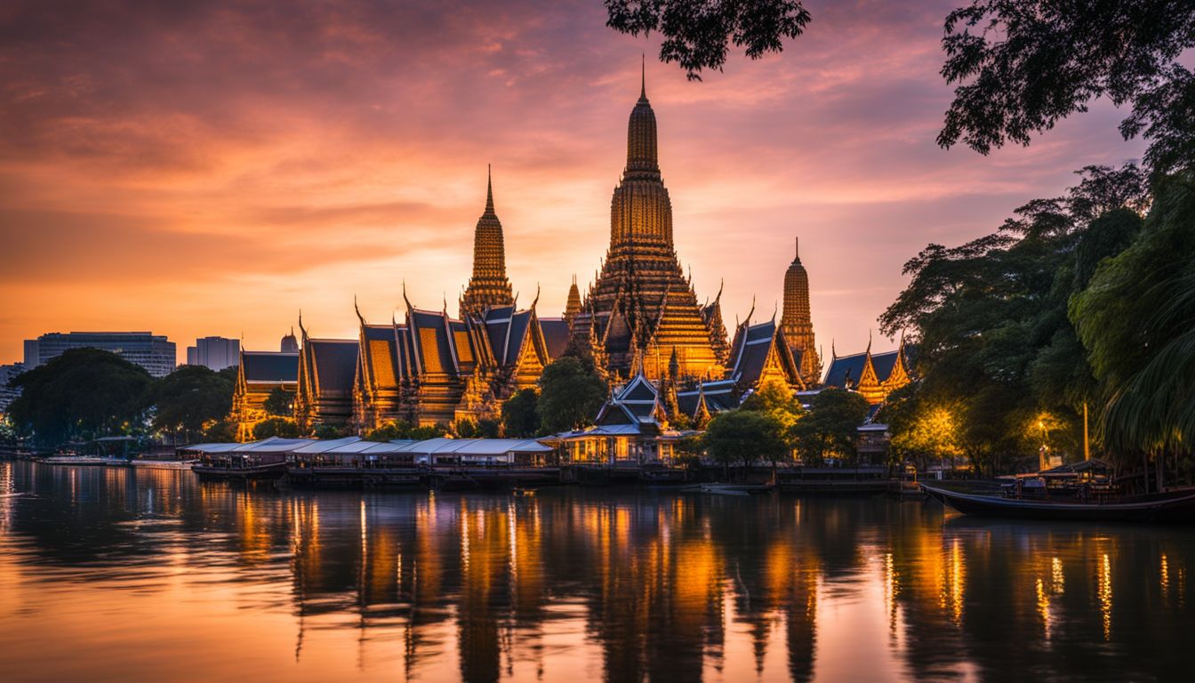 A photo of the Temple of Dawn reflected in the Chao Phraya River with a bustling cityscape in the background.