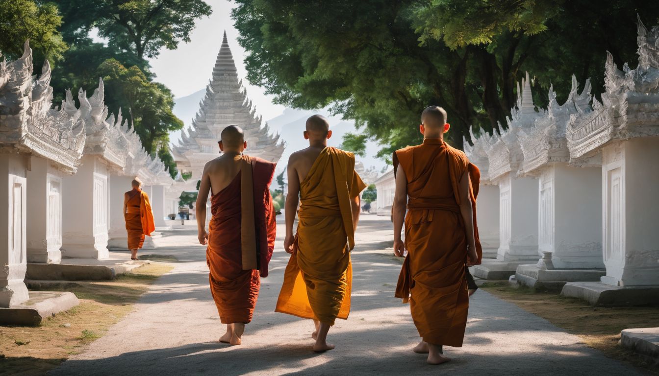 A group of monks walking in front of the White Temple in a bustling atmosphere.