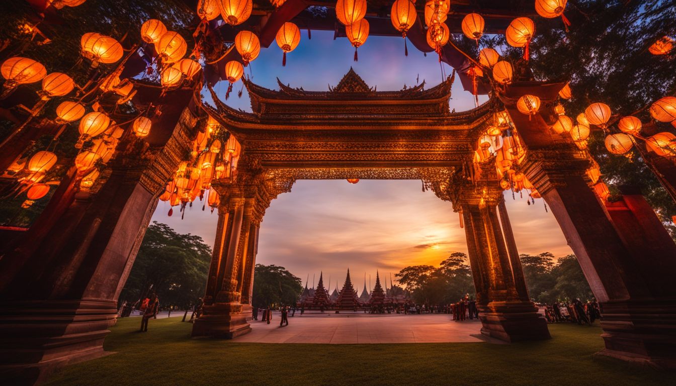 A vibrant sunset scene at Tha Phae Gate with lanterns and a bustling atmosphere captured in high resolution.