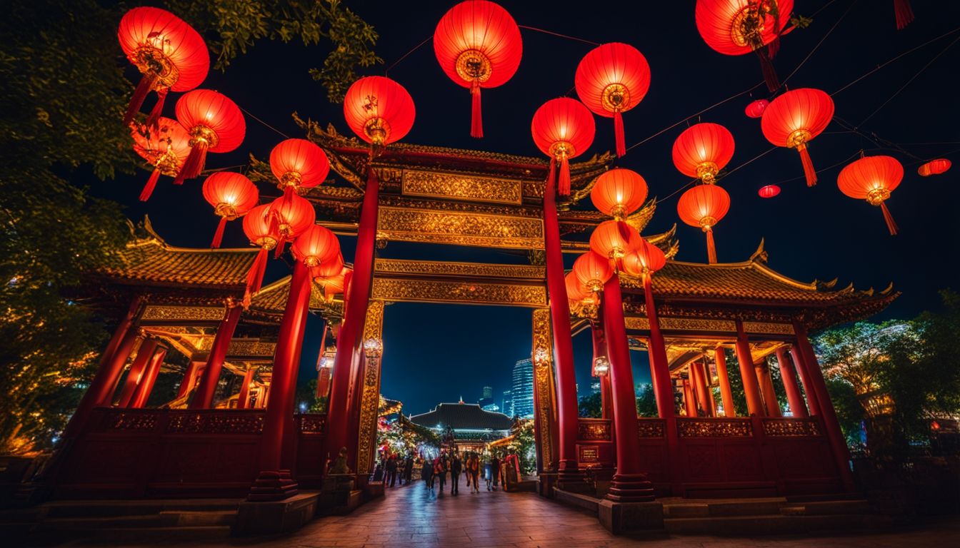 A vibrant nighttime photo of Tha Phae Gate surrounded by lanterns, capturing the bustling atmosphere of the city.