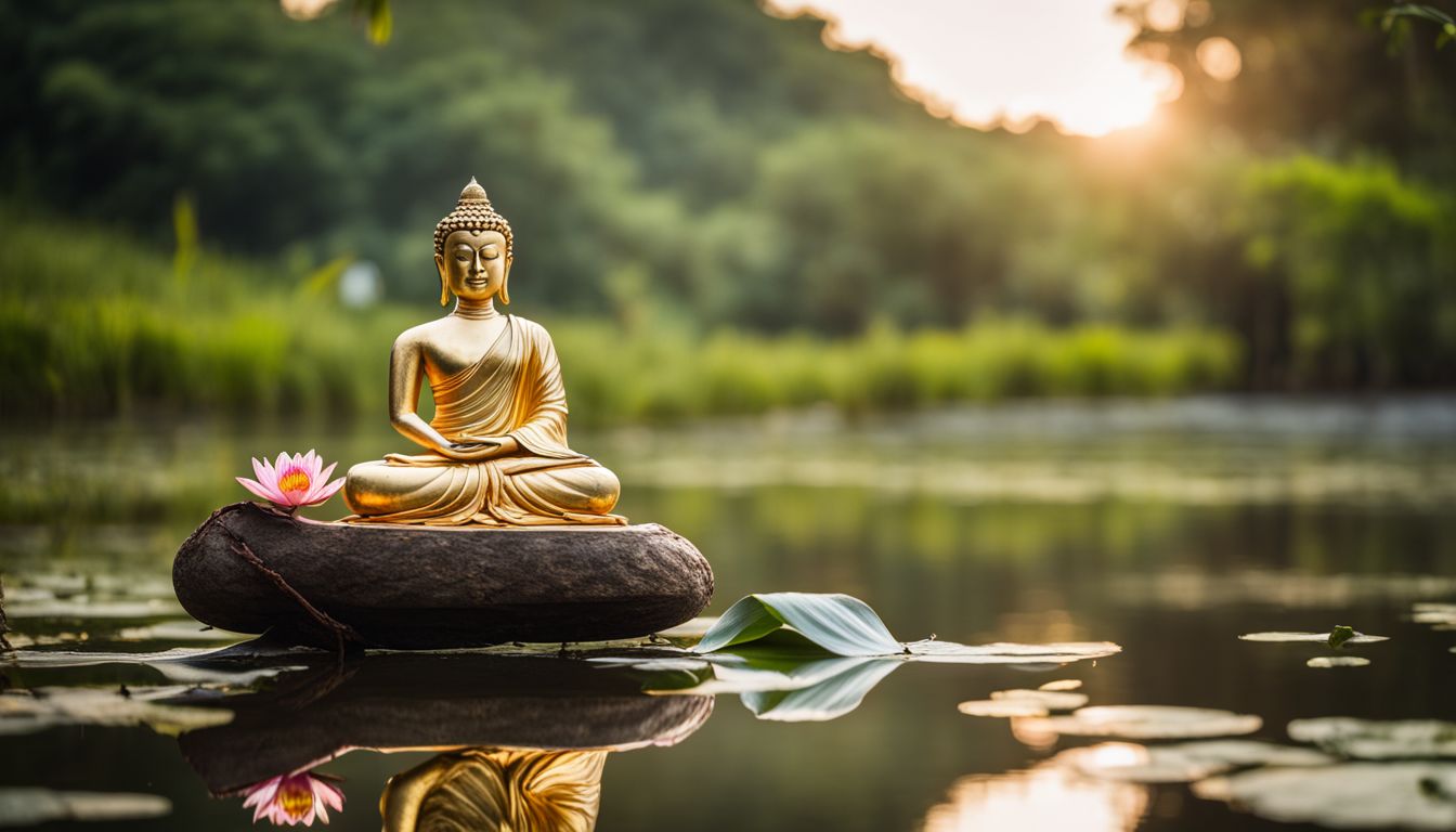 A Thai Buddha amulet is placed on a serene pond surrounded by lotus flowers in a vibrant setting.