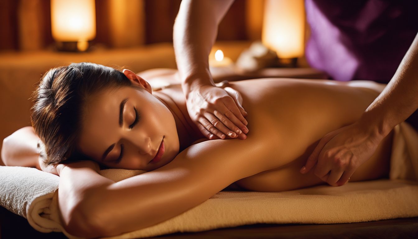 The photo shows a person receiving a Thai Combination Massage in a tranquil spa setting surrounded by soothing colors.