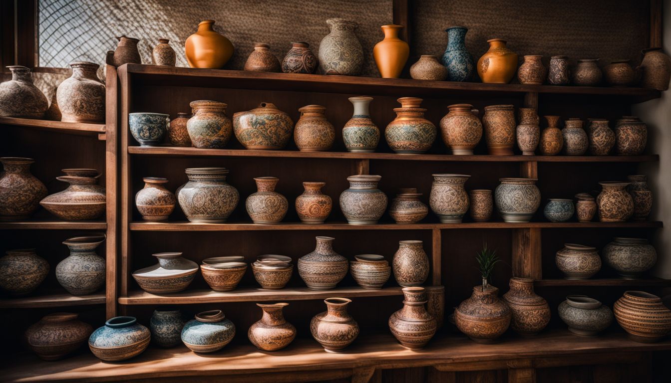 A photo showcasing intricately painted Thai pottery pieces arranged on a wooden shelf.