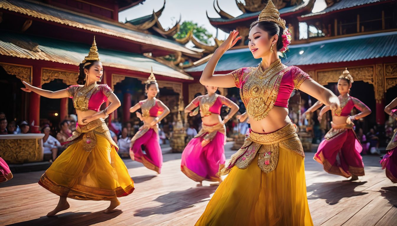 A diverse group of Thai dancers performing traditional dance in a colorful temple courtyard.