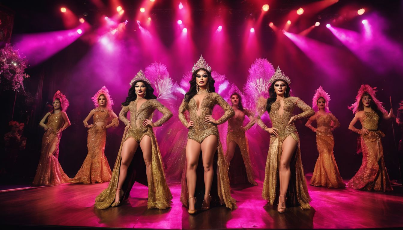 A lively performance by a diverse group of Thai drag queens on a vibrant stage.