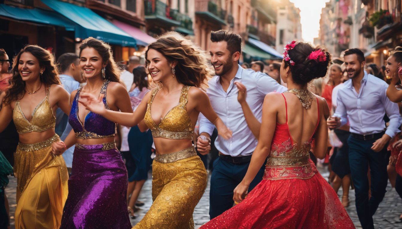 A vibrant group of individuals in colorful traditional outfits dancing salsa in a bustling atmosphere.