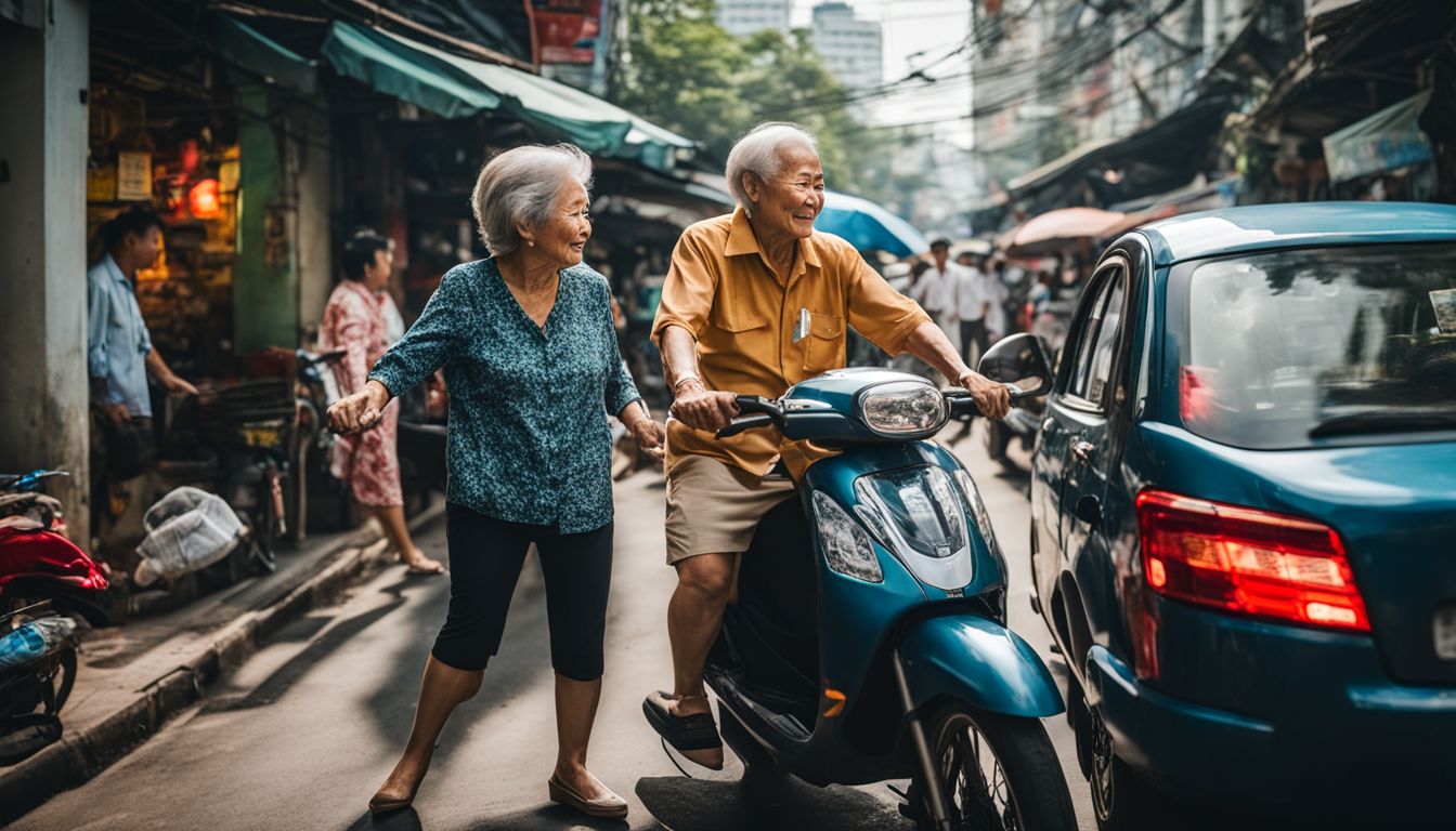 An elderly couple explores the busy streets of Ho Chi Minh City on a private tour.
