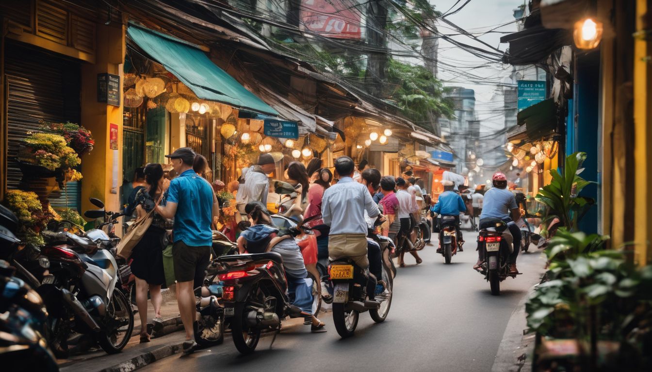A diverse group of travelers explores the vibrant streets of Ho Chi Minh City.