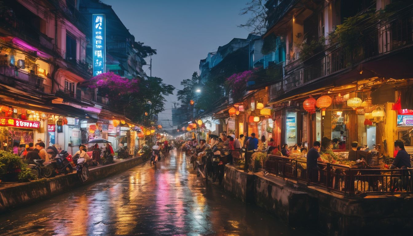 A vibrant cityscape of Hanoi at night capturing the bustling nightlife and neon-lit streets.