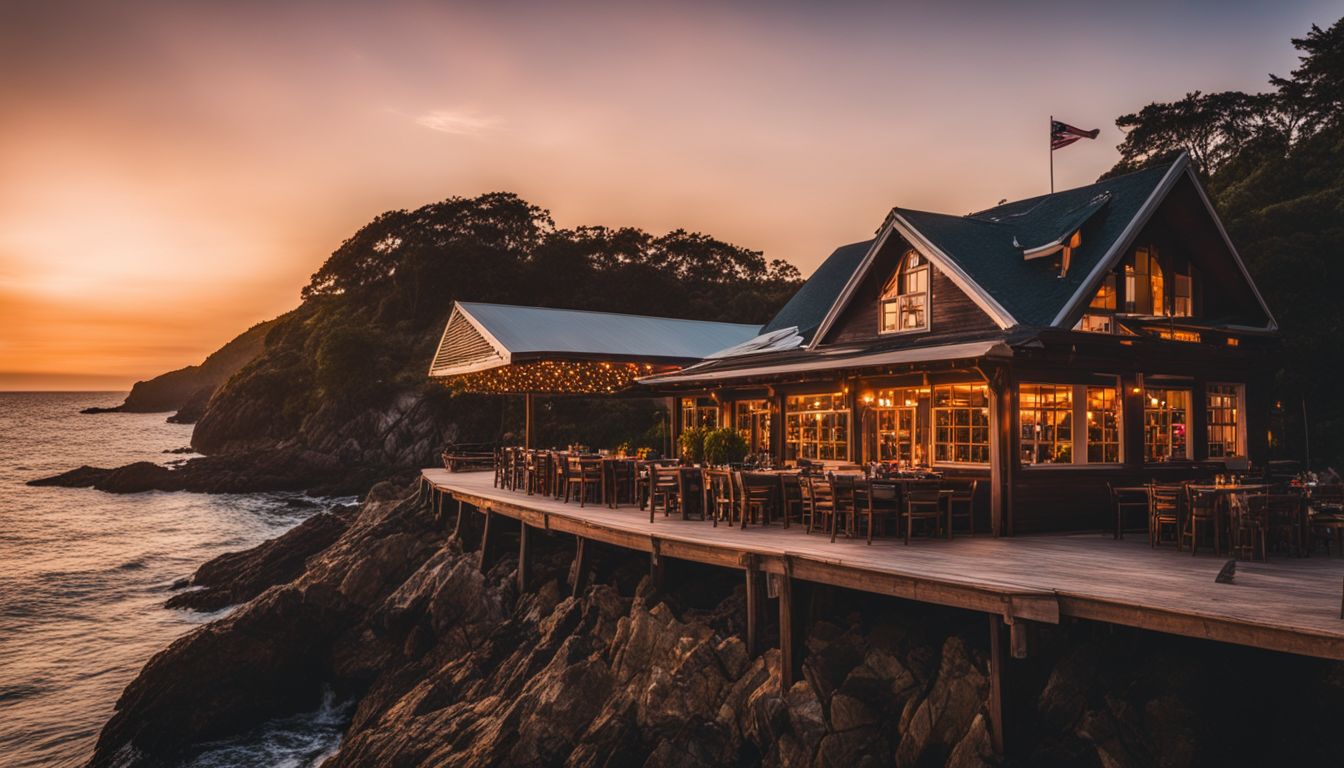 A photo of The FishHouse Restaurant & Bar at sunset, overlooking the ocean, with a diverse crowd enjoying the bustling atmosphere.