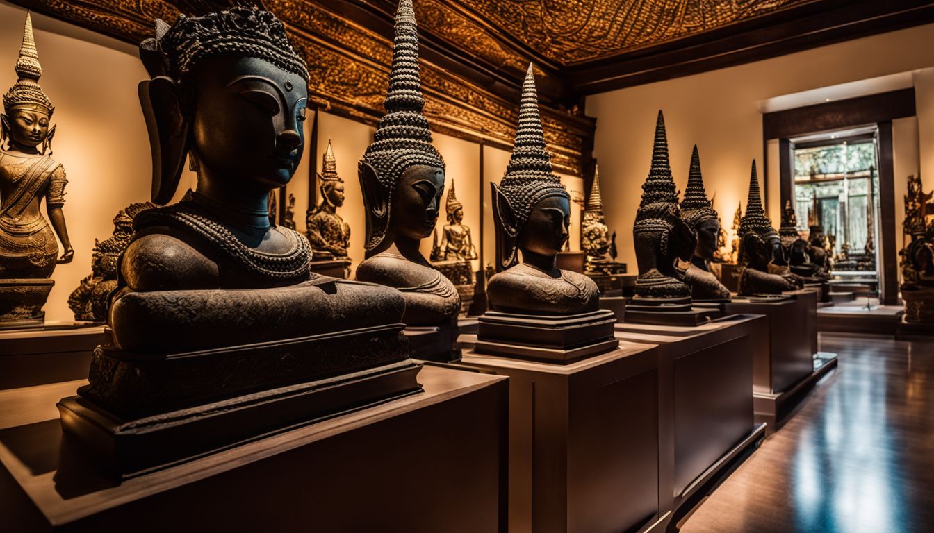 A photo of ancient Thai bronze sculptures displayed in a museum with various faces, hairstyles, and outfits.