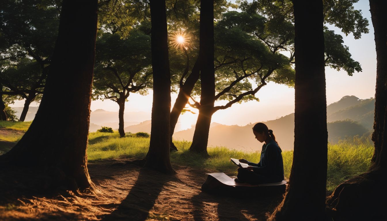A person enjoys reading Thai short stories under a tree, surrounded by rays of sunlight and a bustling atmosphere.
