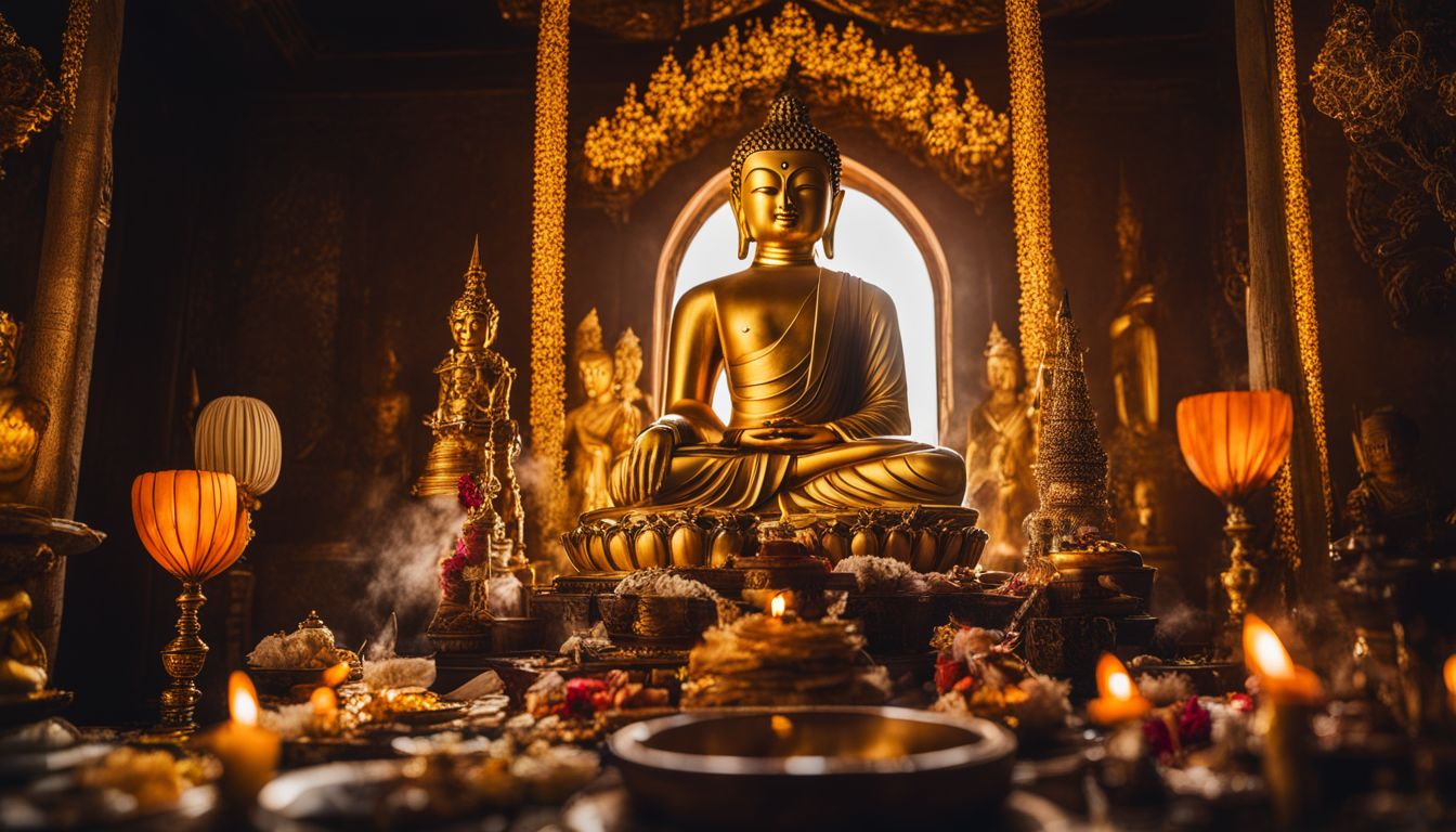 A golden Buddha statue surrounded by incense and offerings, with diverse hairstyles, outfits, and faces.