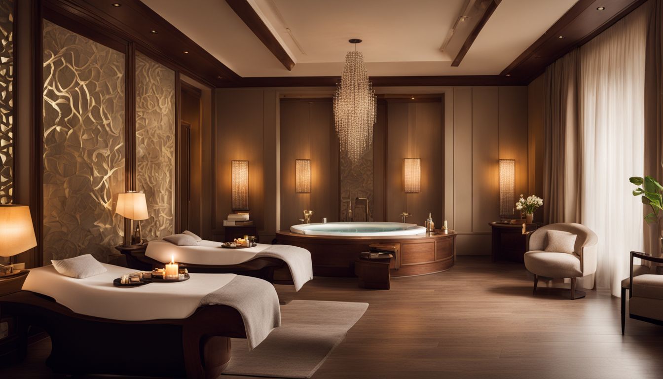 A photo of a spa room with various people, hairstyles, and outfits, creating a tranquil and bustling atmosphere.
