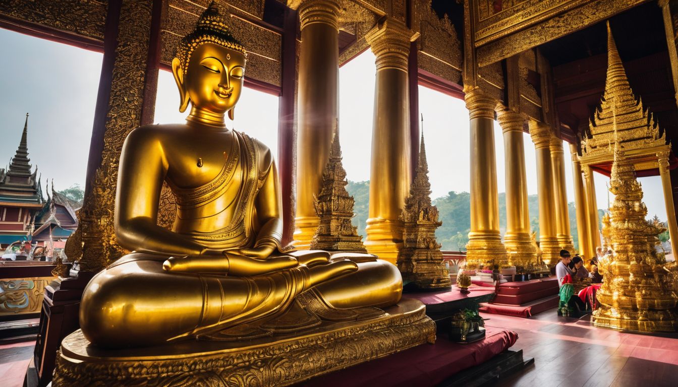 The golden statue of Phra Buddha Chinnarat surrounded by devotees and intricate temple architecture.