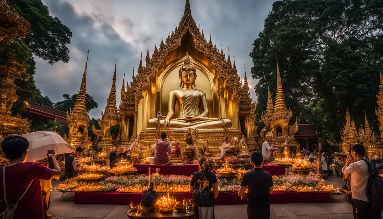 Devotees offer incense at the Phra Buddha Chinnarat statue in a bustling atmosphere.