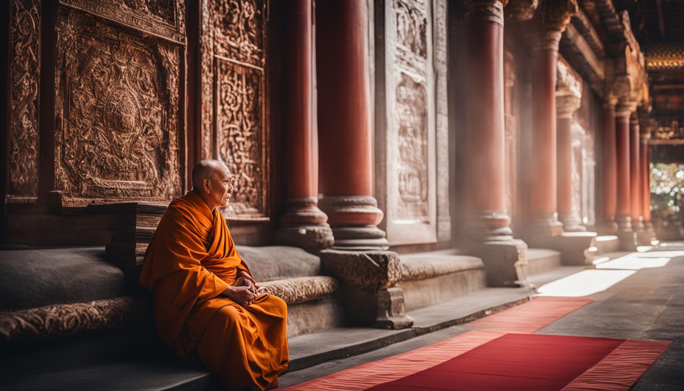 A photo of an elderly monk seated peacefully in front of a majestic temple architecture.