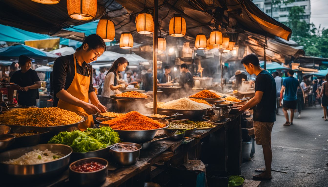 The photo captures a vibrant Thai food stall in a bustling city, showcasing a variety of colorful dishes.