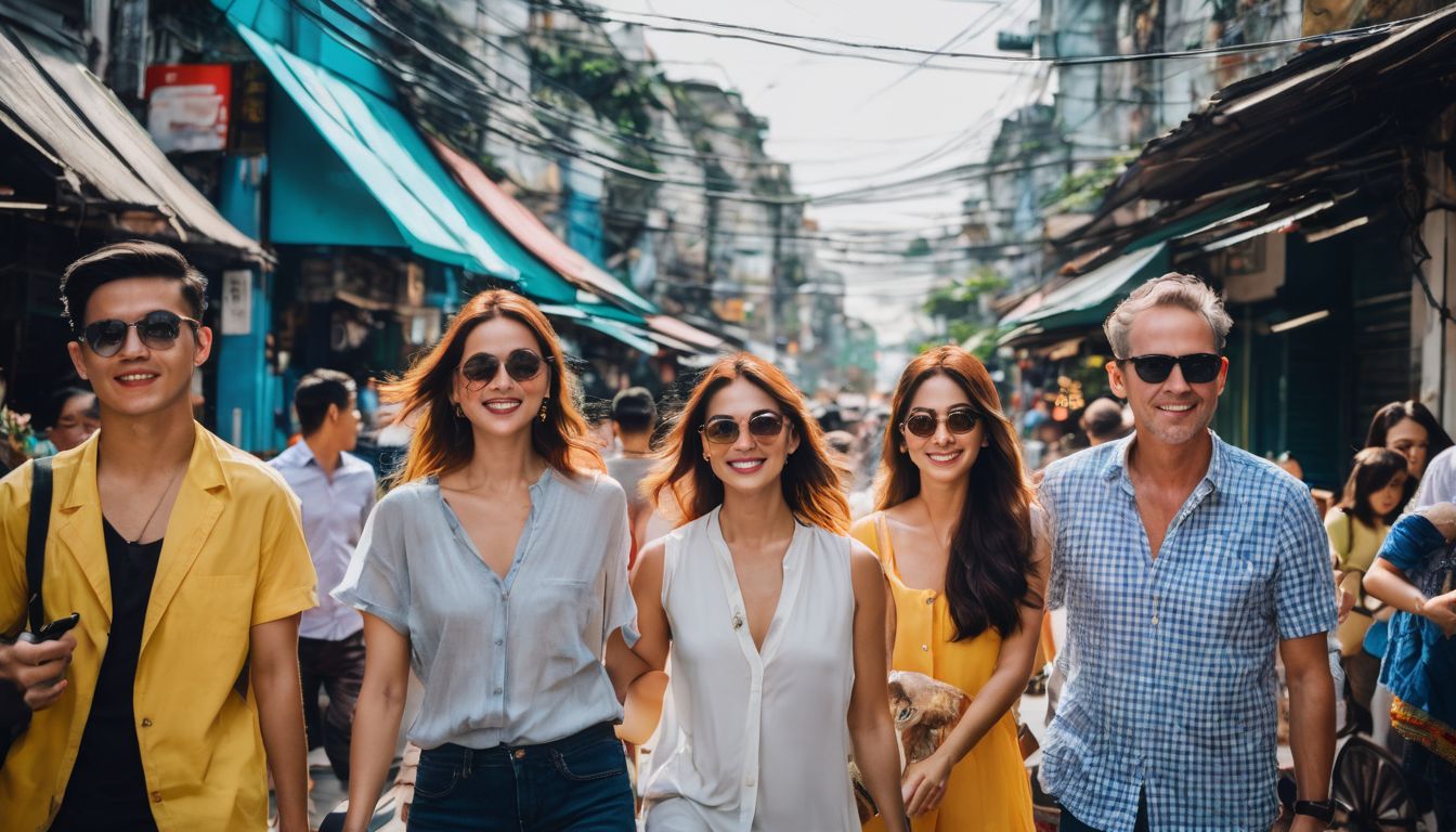 A diverse group of travelers exploring the vibrant streets of Ho Chi Minh City.