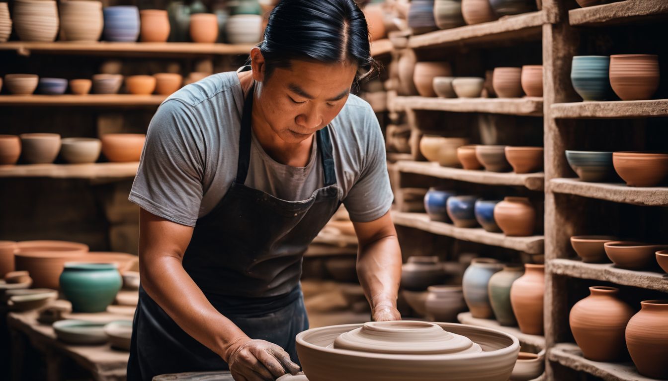 A skilled Thai ceramic artist creates colorful glazed pottery on a traditional pottery wheel.
